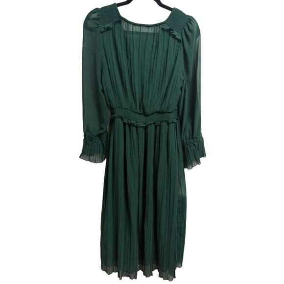 Zara Green Pleated Chiffon Midi Dress Large Smocked Waist V Neck - Picture 2 of 5